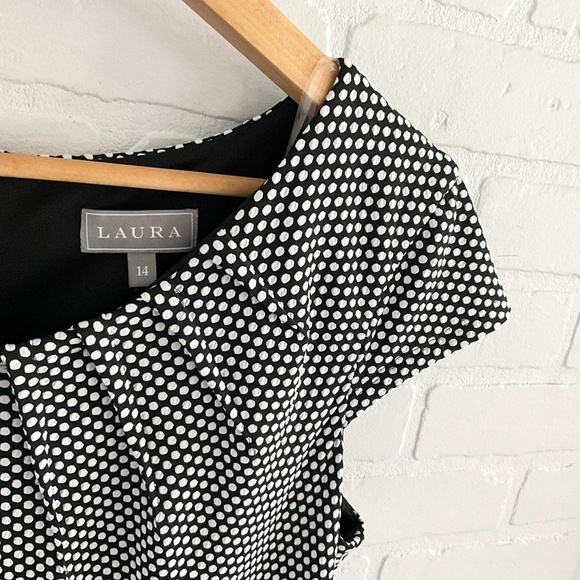 Vintage Laura Peplum dress Polka dot Belted Round neck Black White Pleated Sz 14 - Picture 2 of 11